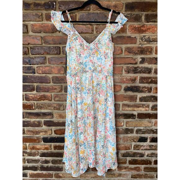 Rachel Roy White Floral Cold Shoulder Chiffon Midi Dress Women's Size 0 - Picture 2 of 7